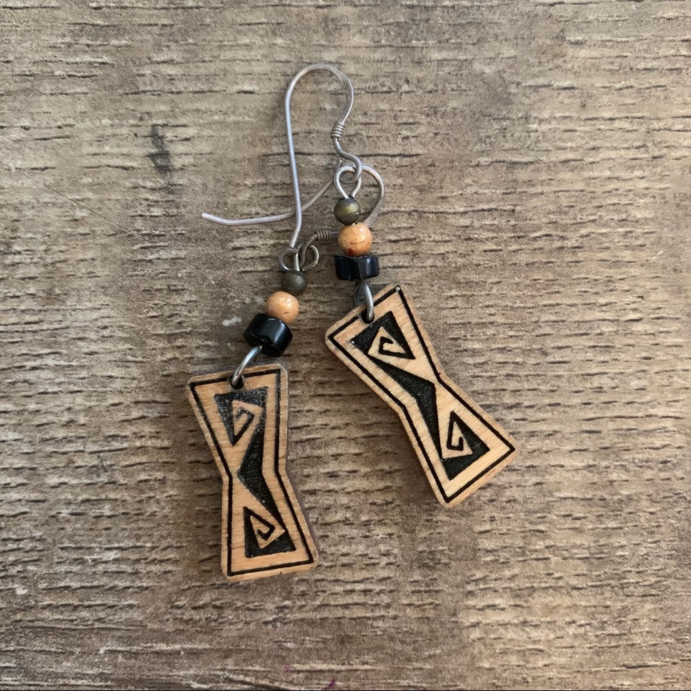 Handmade Wooden Tribal Beaded Earrings - Picture 3 of 4